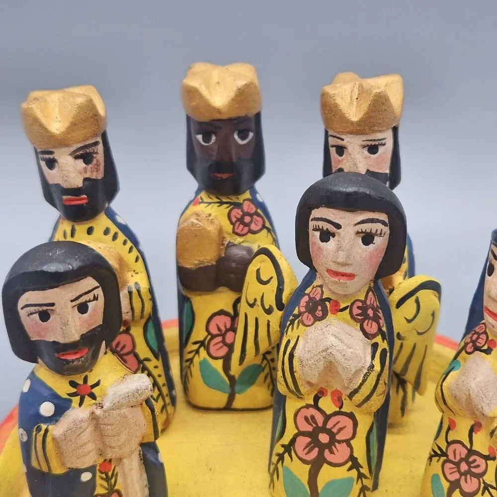 Handpainted Wooden Nativity Set Folk Art Colorful Table Piece Handcarved Mexico